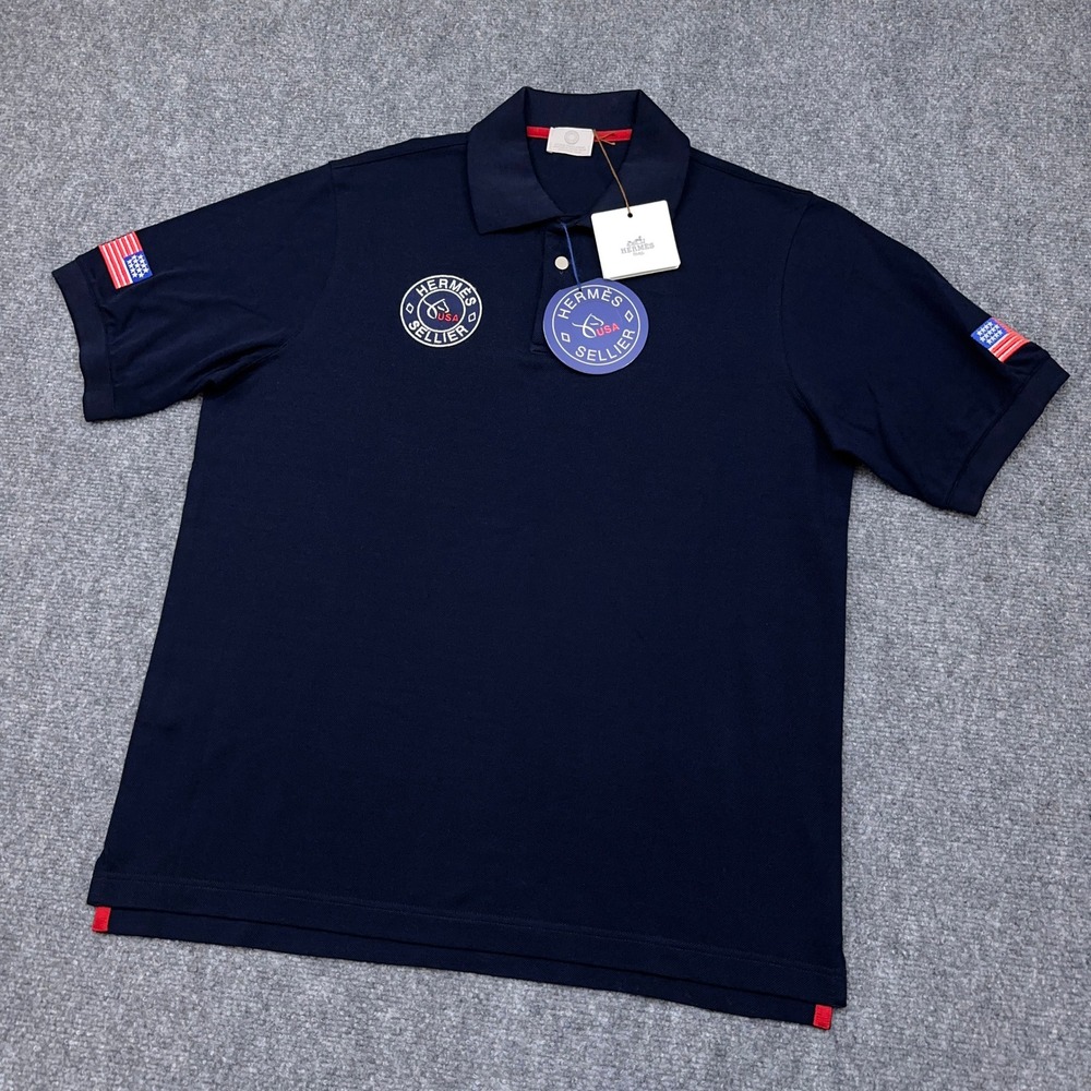 NEW Hermes Sellier Polo Shirt Men's Medium Navy Blue USEF Equestrian USA Team - Picture 2 of 11